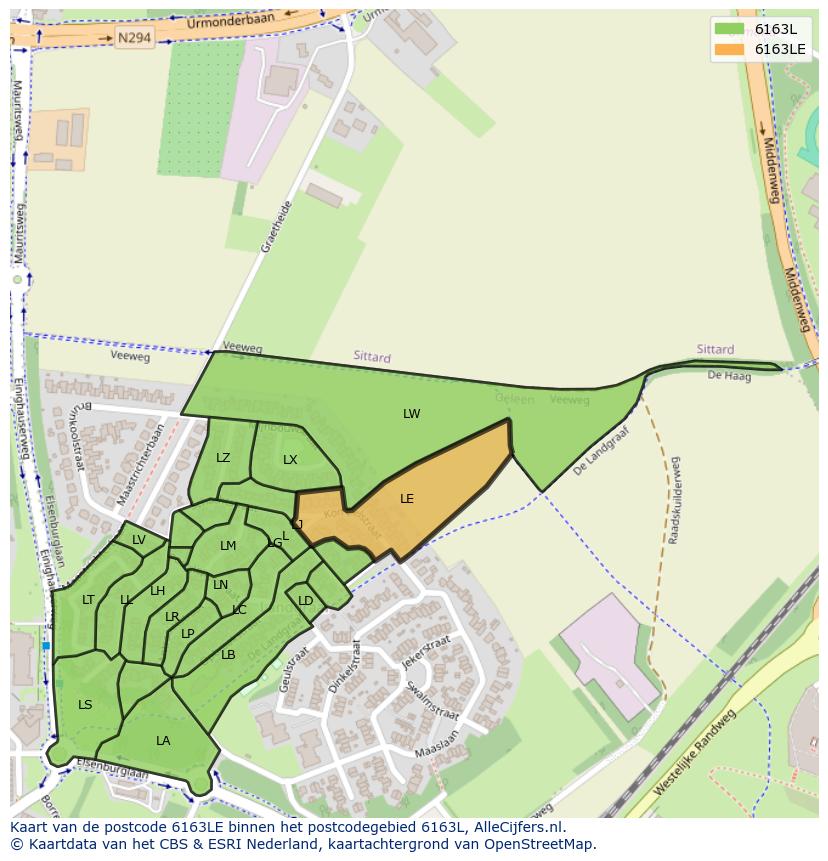 Afbeelding van het postcodegebied 6163 LE op de kaart.