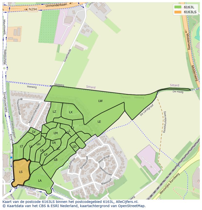 Afbeelding van het postcodegebied 6163 LS op de kaart.
