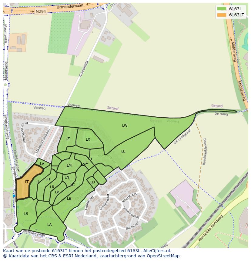 Afbeelding van het postcodegebied 6163 LT op de kaart.