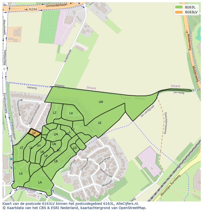 Afbeelding van het postcodegebied 6163 LV op de kaart.