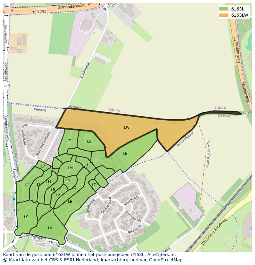 Afbeelding van het postcodegebied 6163 LW op de kaart.