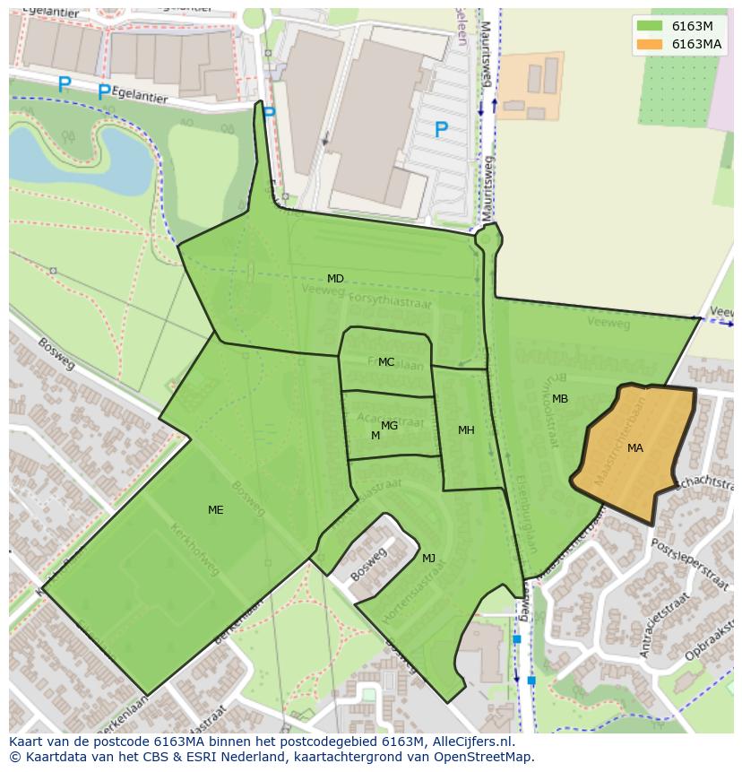 Afbeelding van het postcodegebied 6163 MA op de kaart.