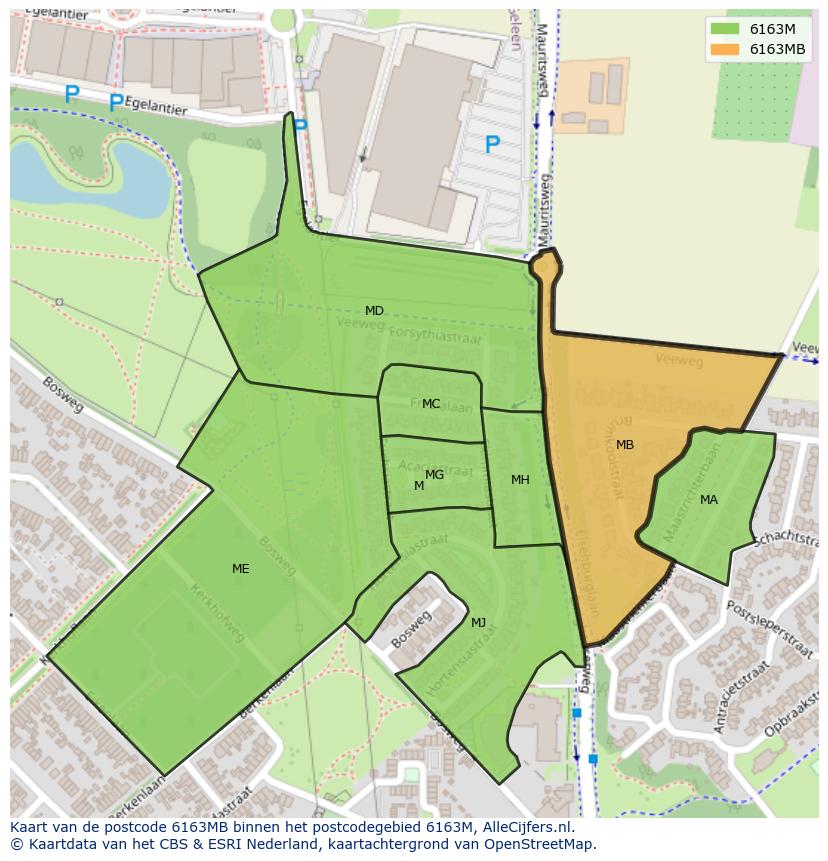 Afbeelding van het postcodegebied 6163 MB op de kaart.