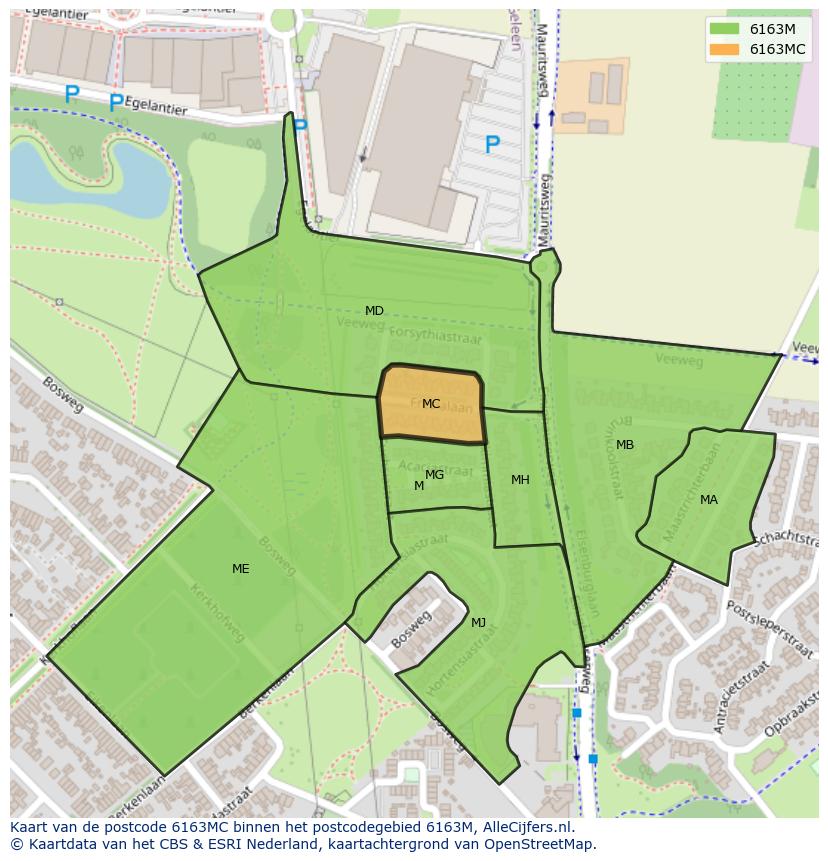 Afbeelding van het postcodegebied 6163 MC op de kaart.