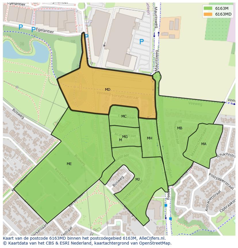 Afbeelding van het postcodegebied 6163 MD op de kaart.