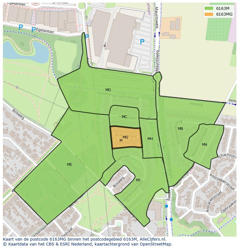 Afbeelding van het postcodegebied 6163 MG op de kaart.
