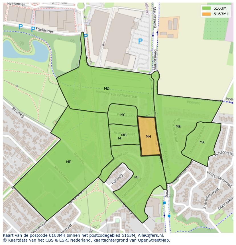 Afbeelding van het postcodegebied 6163 MH op de kaart.