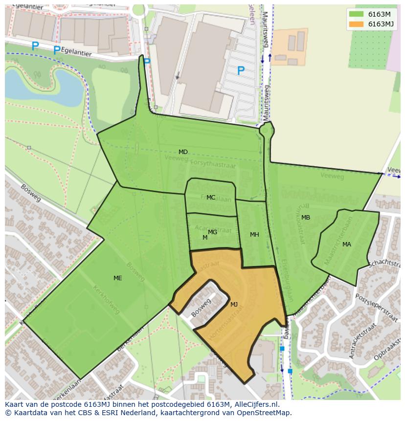 Afbeelding van het postcodegebied 6163 MJ op de kaart.