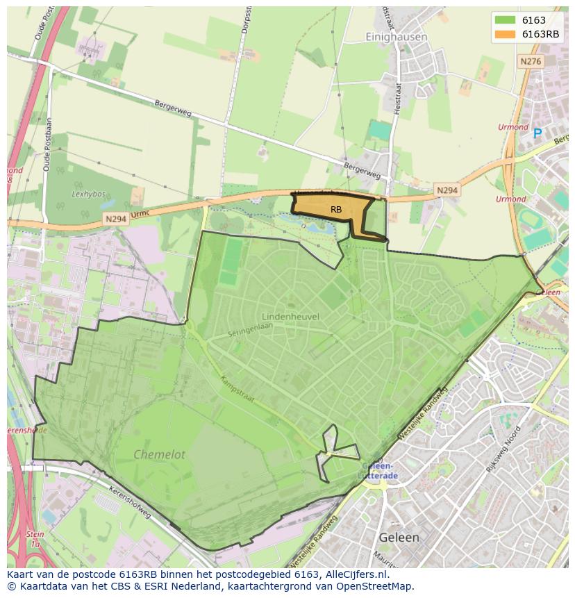 Afbeelding van het postcodegebied 6163 RB op de kaart.