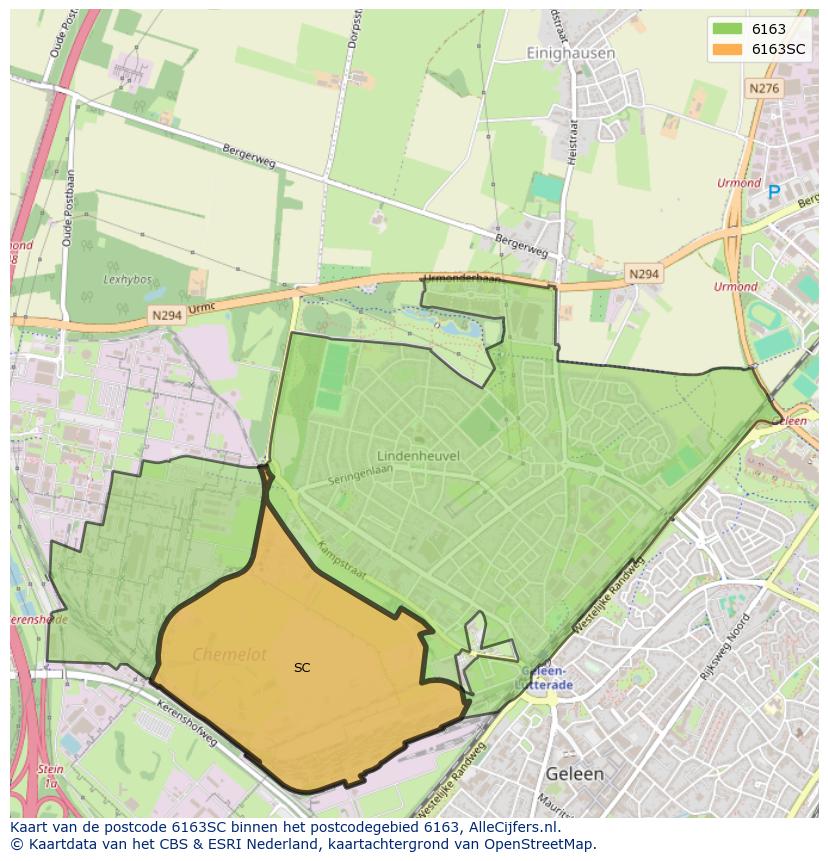 Afbeelding van het postcodegebied 6163 SC op de kaart.