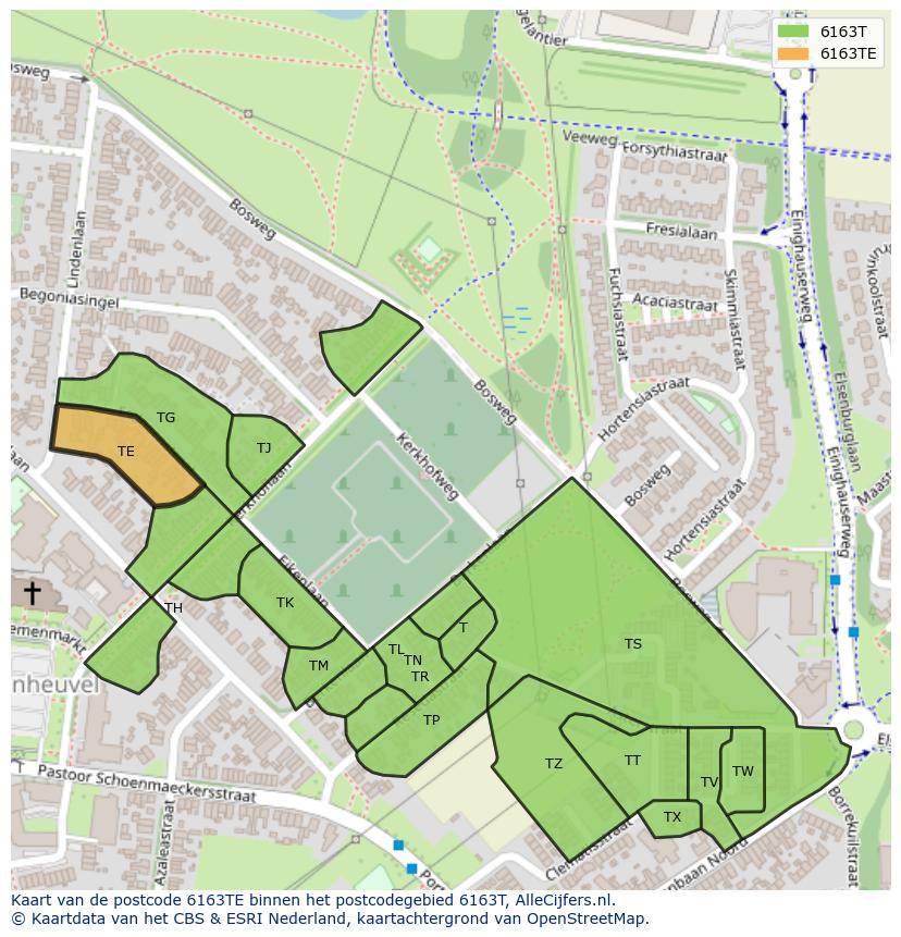 Afbeelding van het postcodegebied 6163 TE op de kaart.