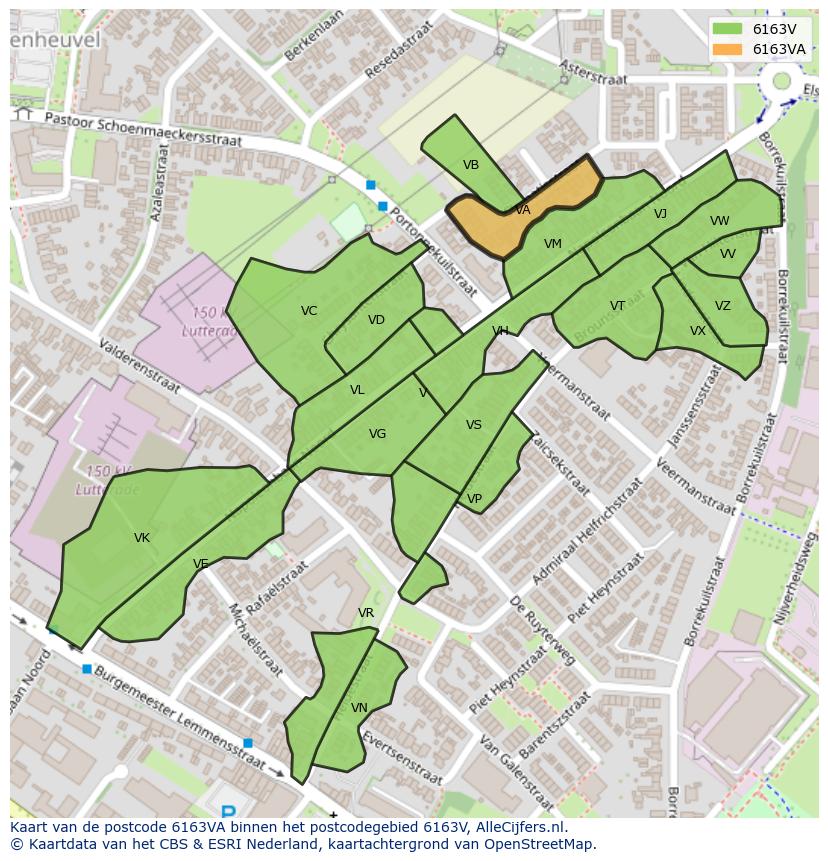 Afbeelding van het postcodegebied 6163 VA op de kaart.
