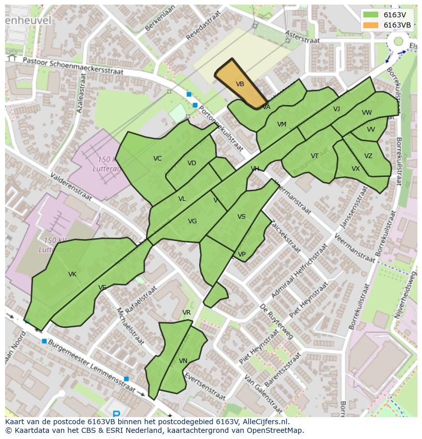 Afbeelding van het postcodegebied 6163 VB op de kaart.