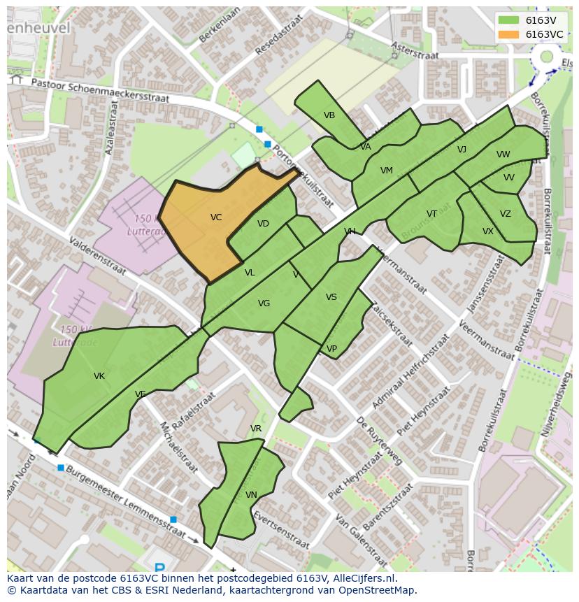 Afbeelding van het postcodegebied 6163 VC op de kaart.