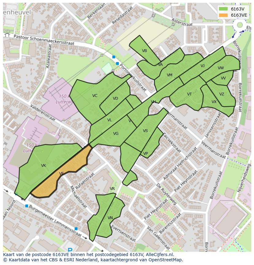 Afbeelding van het postcodegebied 6163 VE op de kaart.
