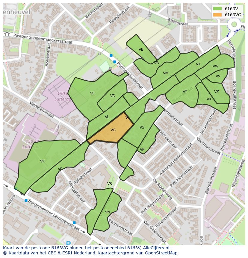 Afbeelding van het postcodegebied 6163 VG op de kaart.