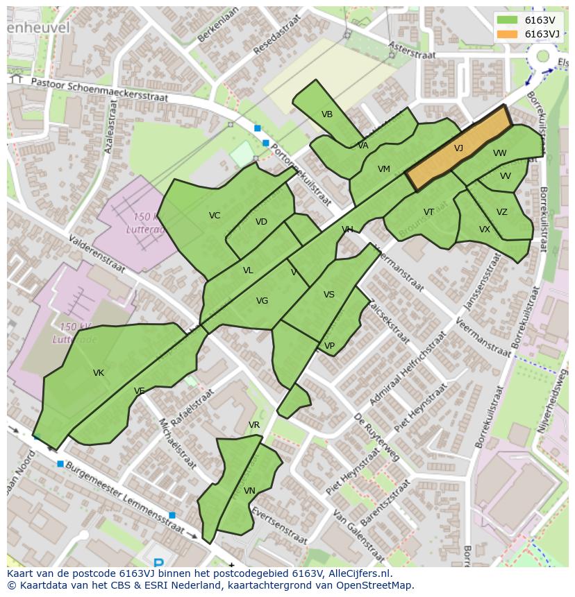 Afbeelding van het postcodegebied 6163 VJ op de kaart.