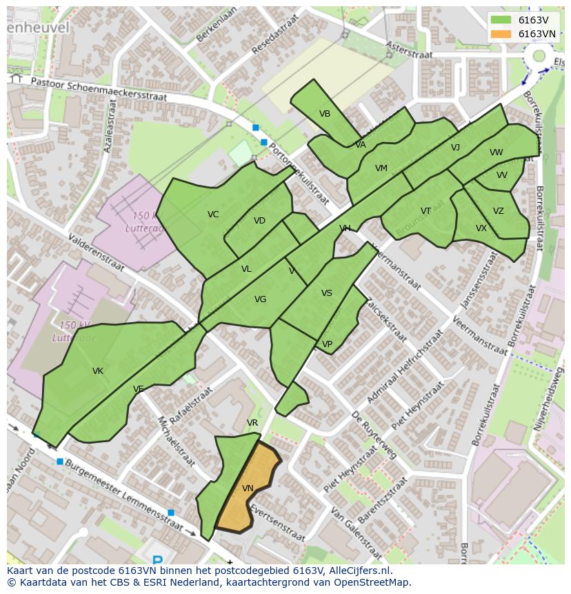 Afbeelding van het postcodegebied 6163 VN op de kaart.