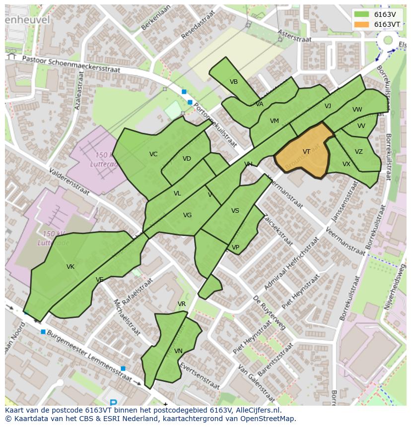 Afbeelding van het postcodegebied 6163 VT op de kaart.
