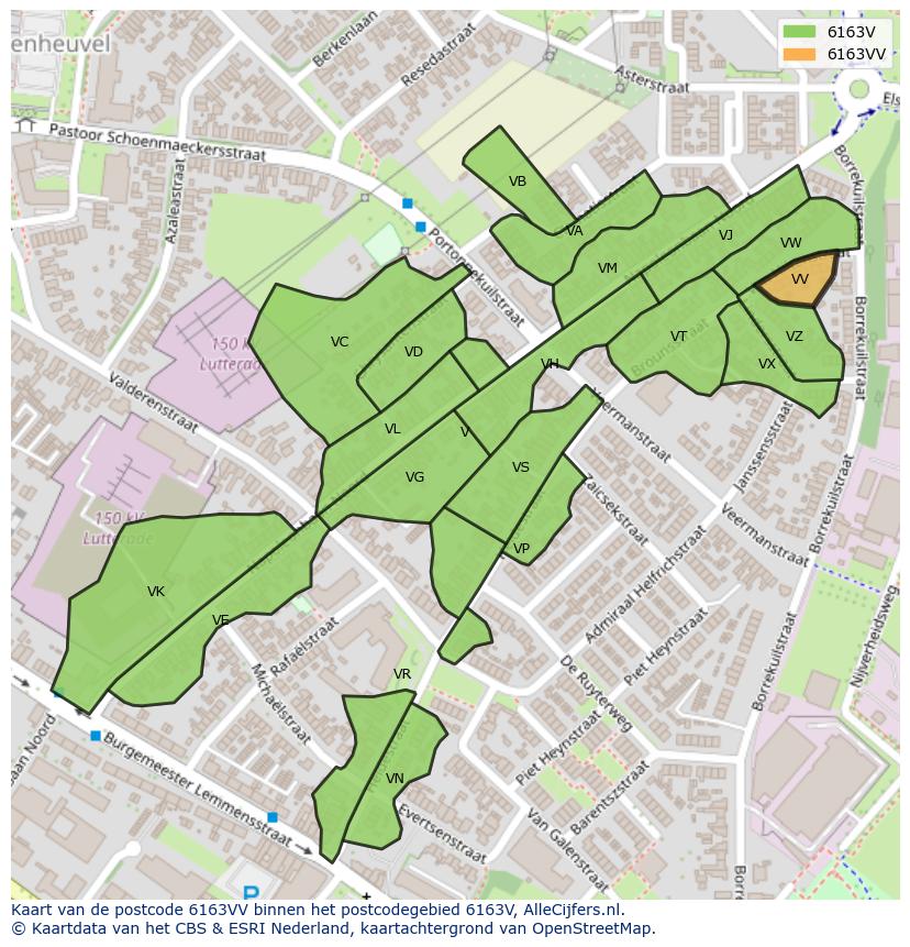 Afbeelding van het postcodegebied 6163 VV op de kaart.