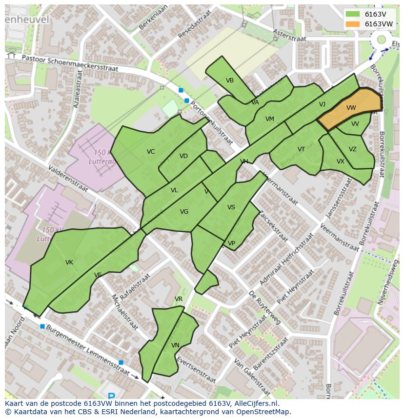 Afbeelding van het postcodegebied 6163 VW op de kaart.