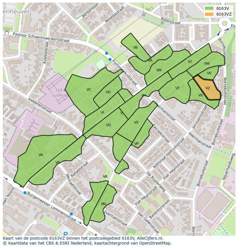 Afbeelding van het postcodegebied 6163 VZ op de kaart.