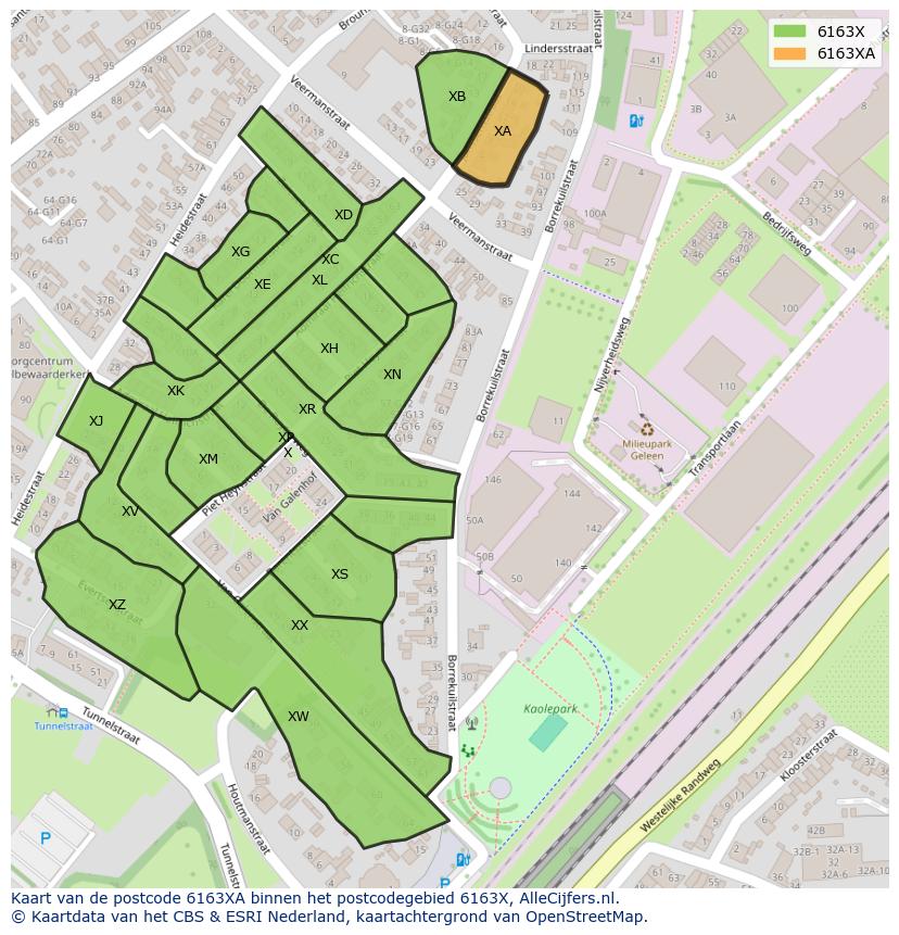 Afbeelding van het postcodegebied 6163 XA op de kaart.