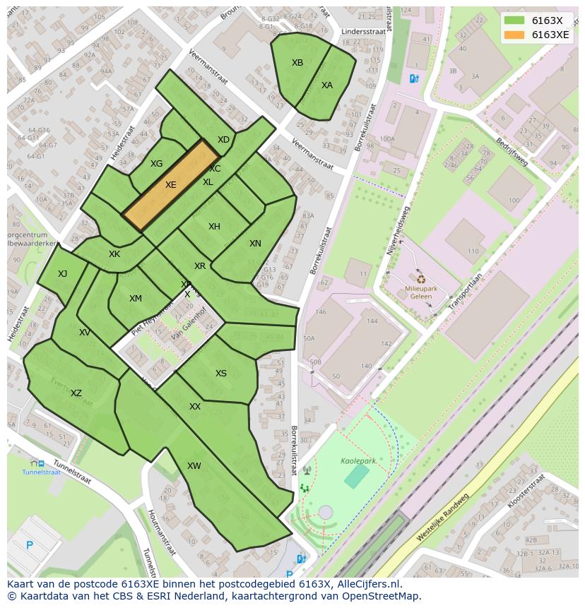 Afbeelding van het postcodegebied 6163 XE op de kaart.