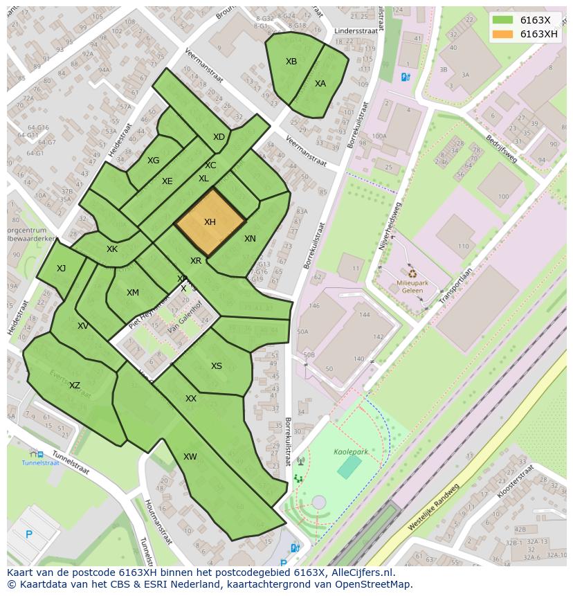 Afbeelding van het postcodegebied 6163 XH op de kaart.
