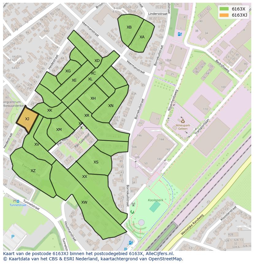 Afbeelding van het postcodegebied 6163 XJ op de kaart.