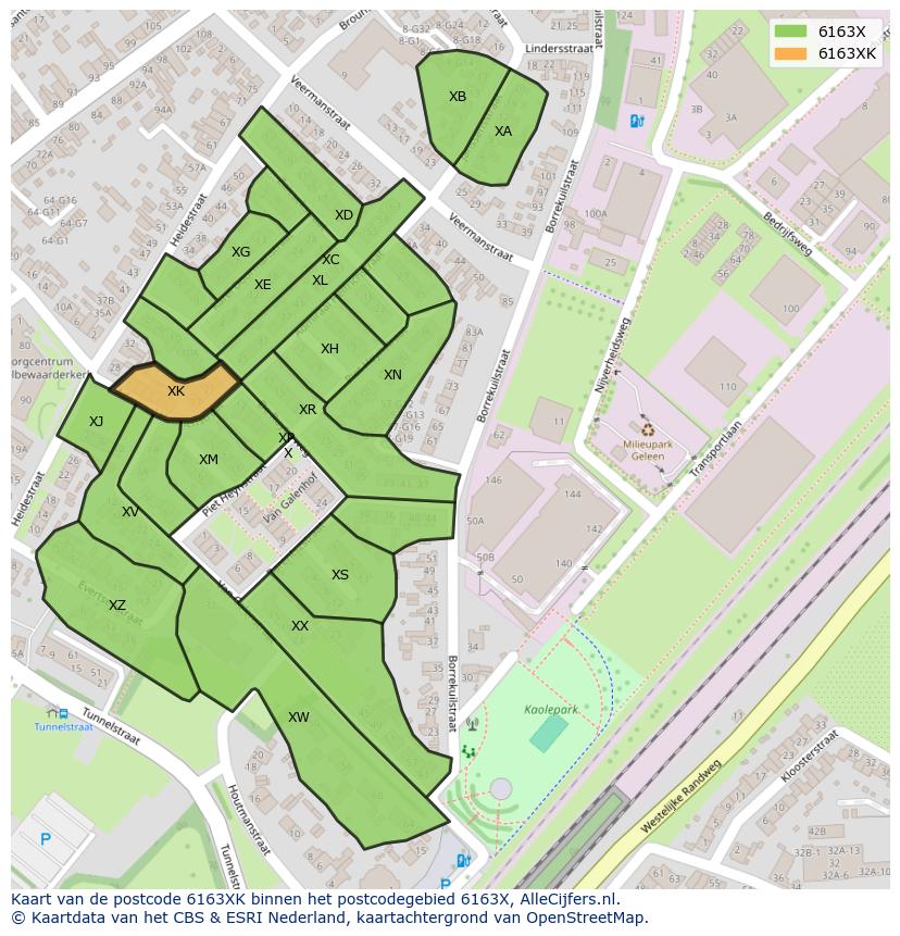 Afbeelding van het postcodegebied 6163 XK op de kaart.
