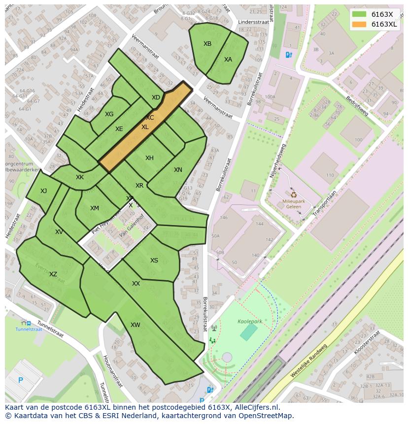 Afbeelding van het postcodegebied 6163 XL op de kaart.