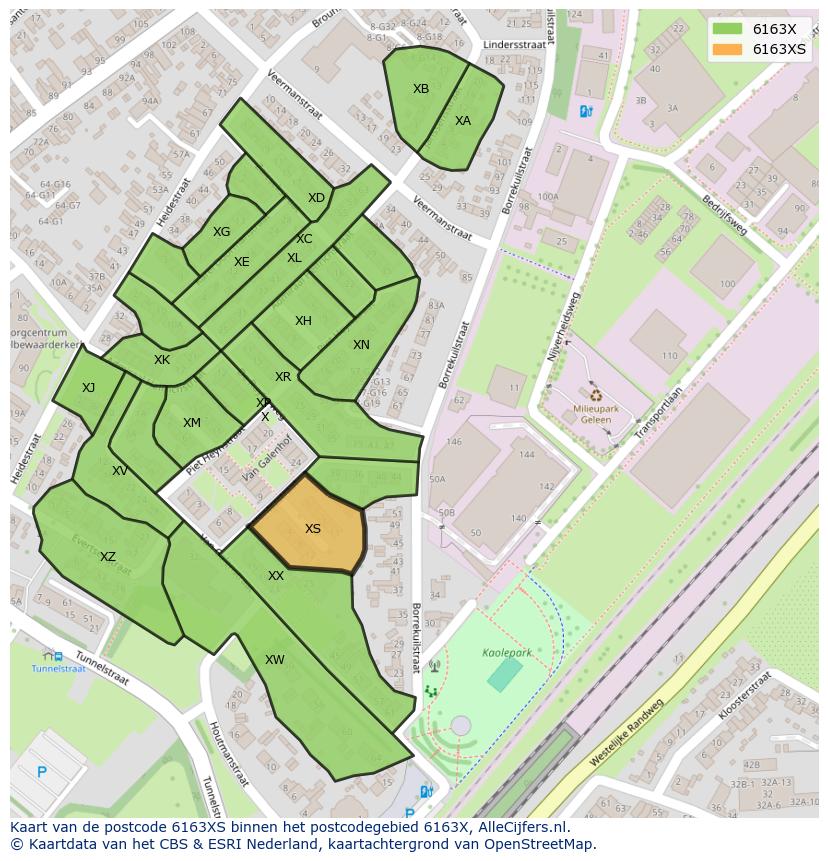 Afbeelding van het postcodegebied 6163 XS op de kaart.