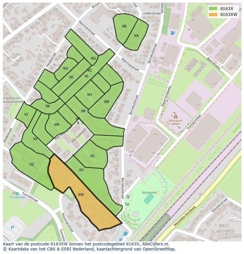 Afbeelding van het postcodegebied 6163 XW op de kaart.