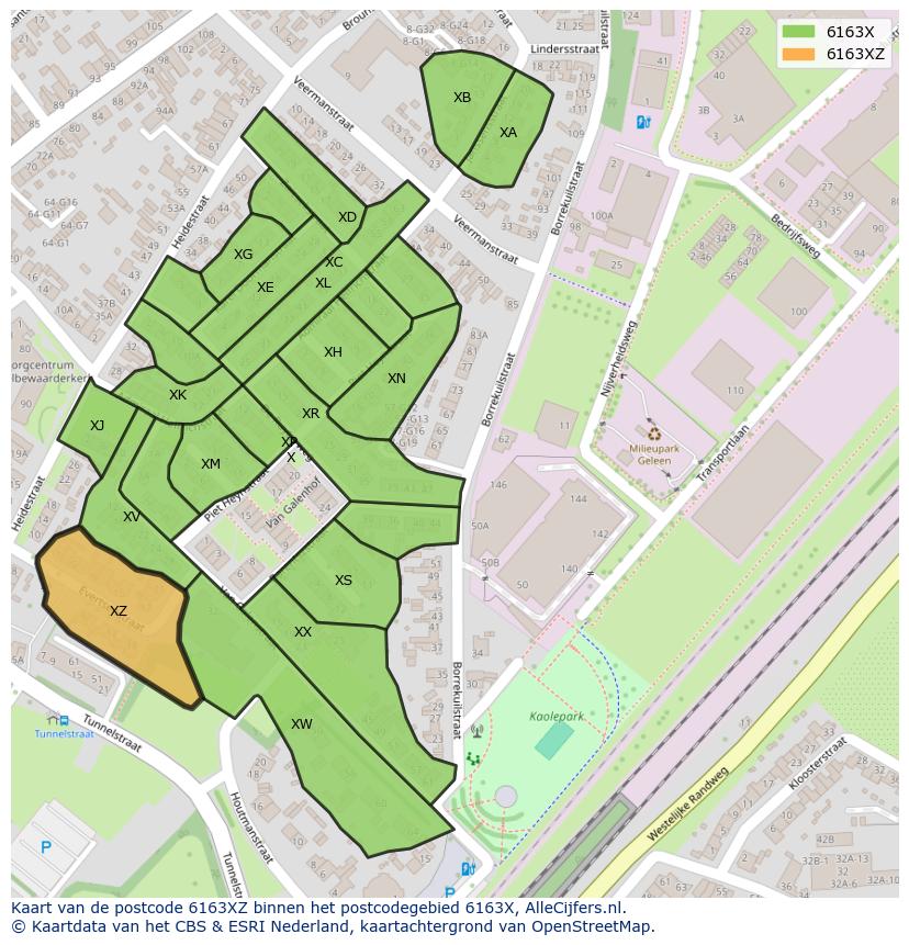 Afbeelding van het postcodegebied 6163 XZ op de kaart.