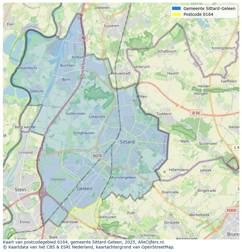 Afbeelding van het postcodegebied 6164 op de kaart.
