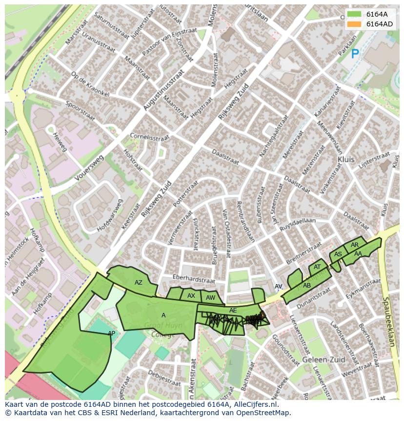 Afbeelding van het postcodegebied 6164 AD op de kaart.