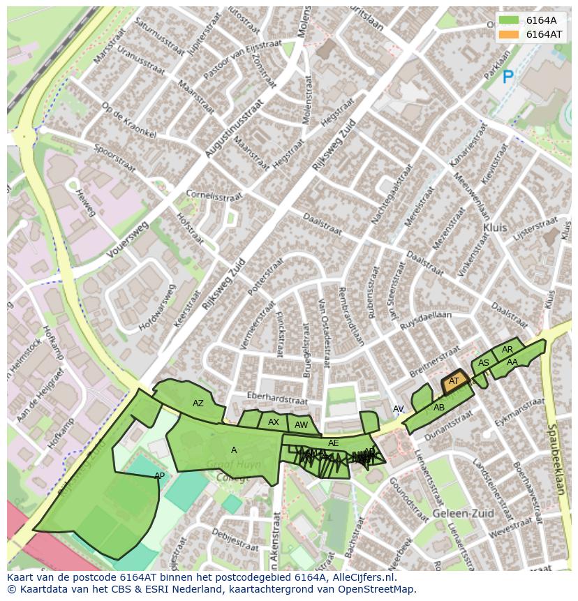 Afbeelding van het postcodegebied 6164 AT op de kaart.