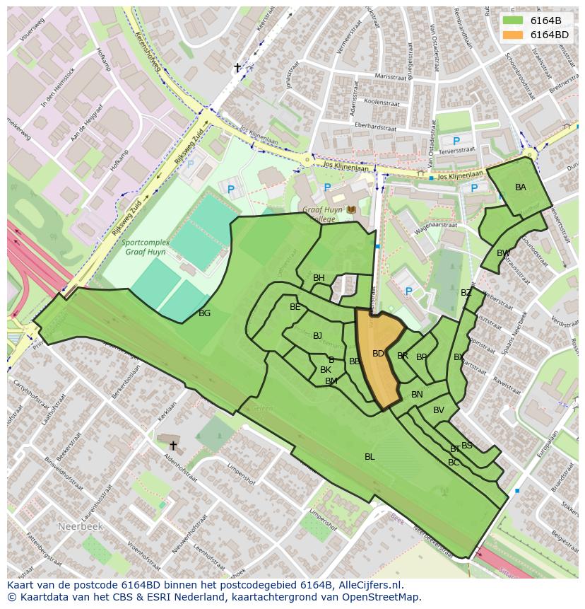 Afbeelding van het postcodegebied 6164 BD op de kaart.