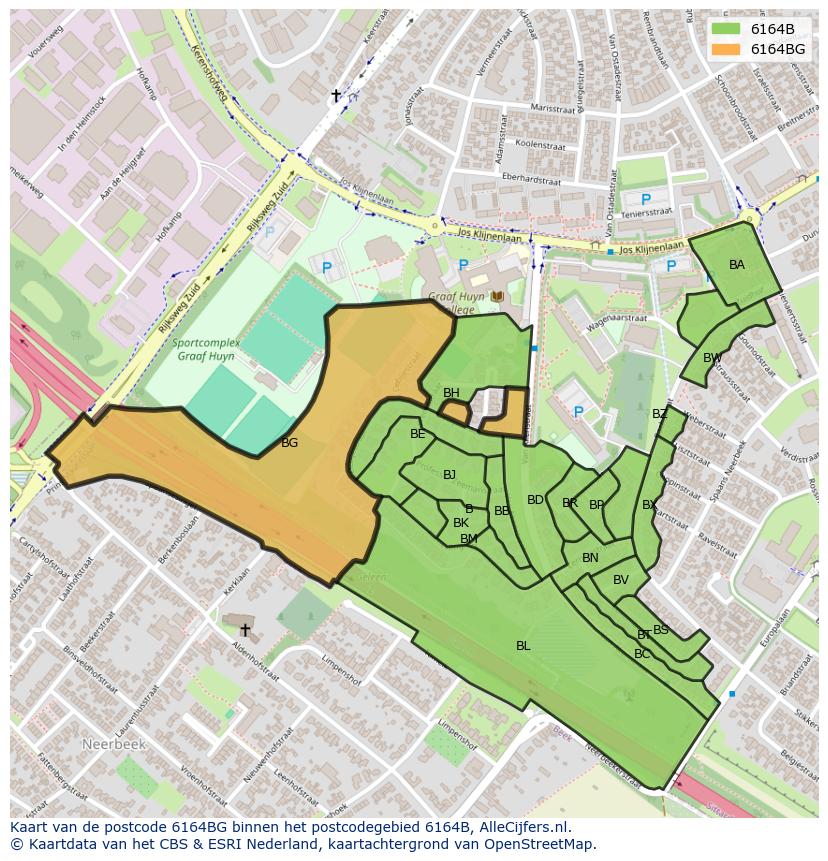 Afbeelding van het postcodegebied 6164 BG op de kaart.
