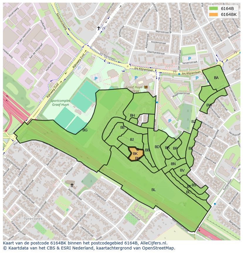 Afbeelding van het postcodegebied 6164 BK op de kaart.