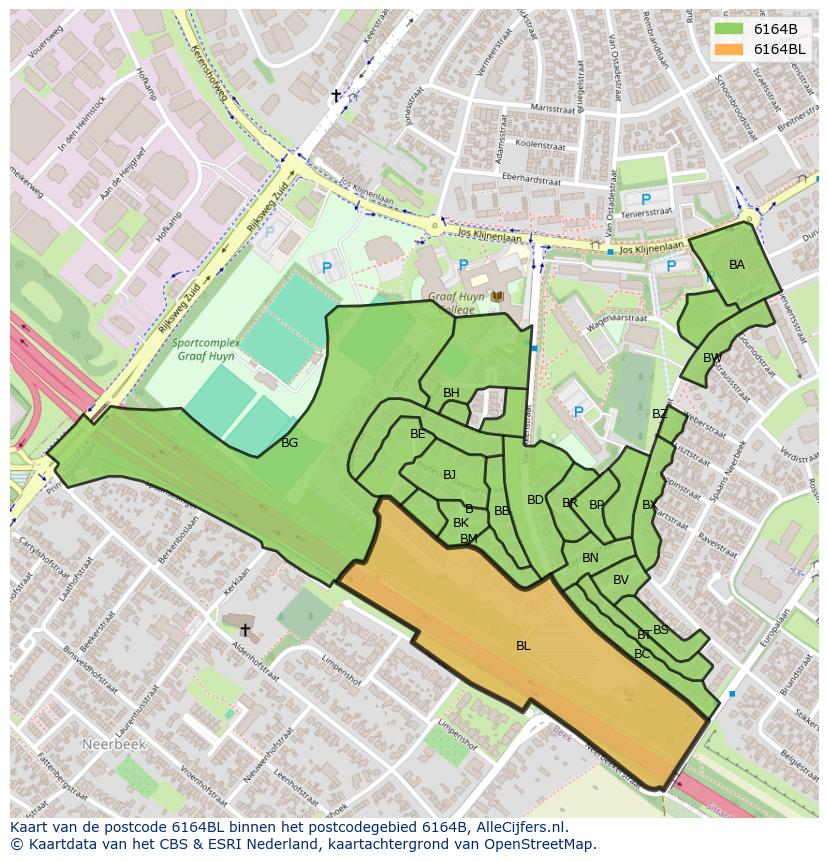Afbeelding van het postcodegebied 6164 BL op de kaart.