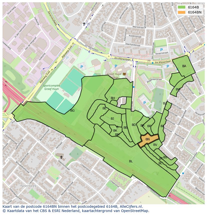Afbeelding van het postcodegebied 6164 BN op de kaart.