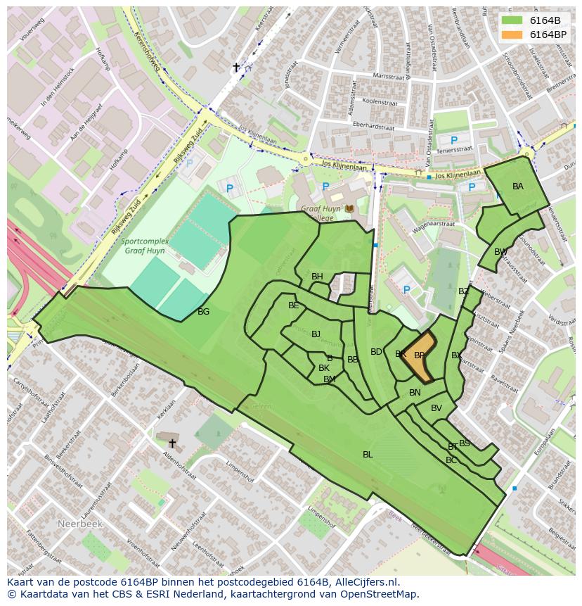 Afbeelding van het postcodegebied 6164 BP op de kaart.