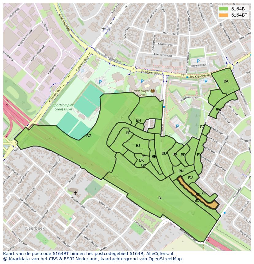 Afbeelding van het postcodegebied 6164 BT op de kaart.