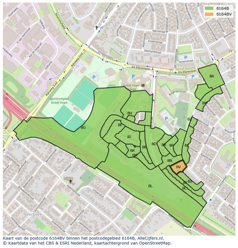 Afbeelding van het postcodegebied 6164 BV op de kaart.