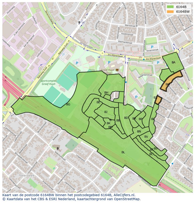 Afbeelding van het postcodegebied 6164 BW op de kaart.