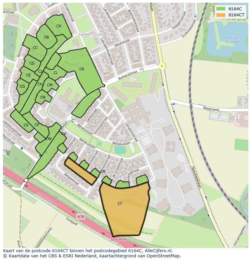 Afbeelding van het postcodegebied 6164 CT op de kaart.