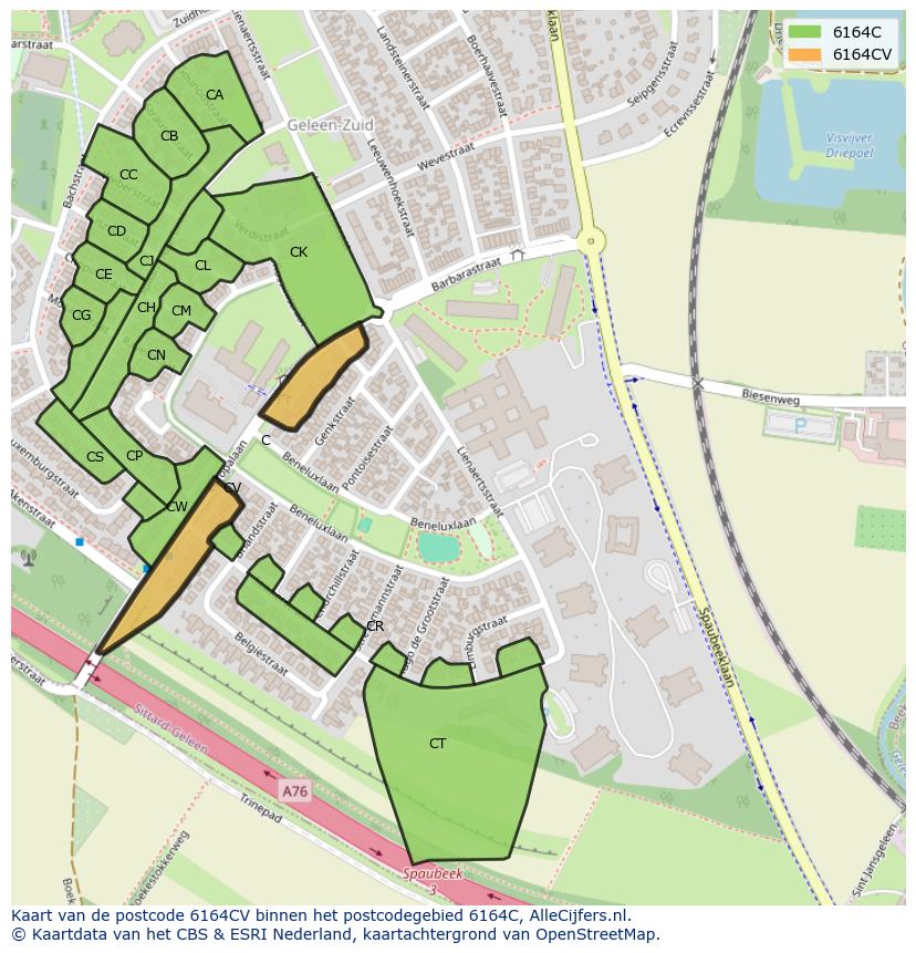 Afbeelding van het postcodegebied 6164 CV op de kaart.