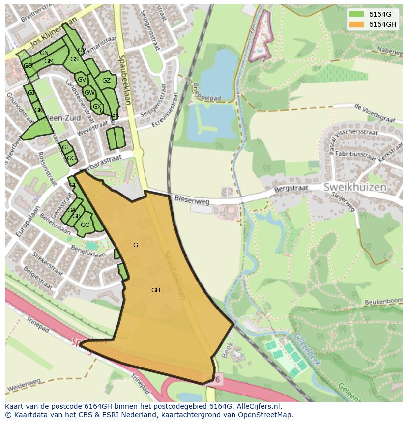 Afbeelding van het postcodegebied 6164 GH op de kaart.